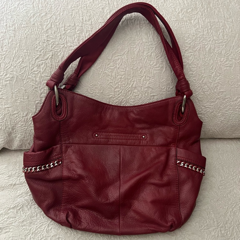 B. Makowsky Red Leather Shoulder Bag with silver detail. - Picture 2 of 4